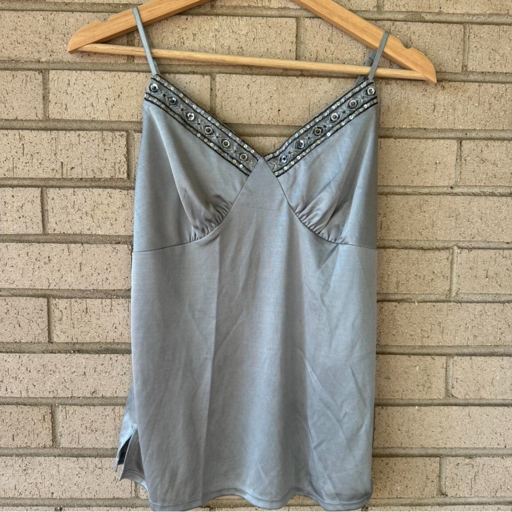 Y2K Weavers Gray Satin Camisole, Sequin Beaded V-Neck Tank Top Size Medium